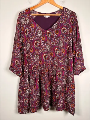 Garnet Hill Tunic‎ Dress Womens 14 Purple Paisley Floral V-Neck 3/4 Sleeve boho thumbnail 1