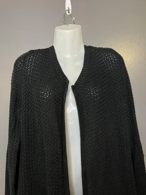 Lucky Brand Cardigan Sweater Womens Medium Black Open Knit Long Duster Pockets thumbnail 1