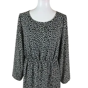 J Crew‎ Mercantile Black White Heart Print Long Sleeve Dress 14 Elastic Waist thumbnail 3