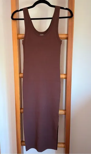 Chocolate Brown Ribbed Midi Sleeveless Dress XS NWT thumbnail 1