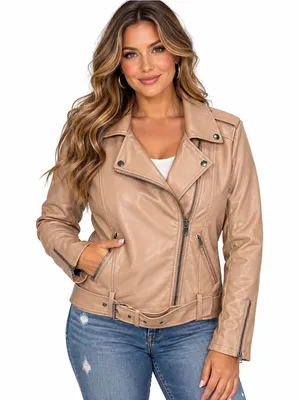 Zenana Beige Blush Vegan Faux Leather Belted Moto Jacket M thumbnail 1