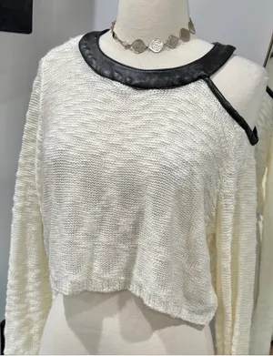 Rehab Cream Cold-Shoulder Knit Sweater with Black Faux Leather Trim thumbnail 1