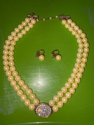 Classic Double Strand Pearl Necklace with Pavé Accent in Cream - Unbranded thumbnail 3