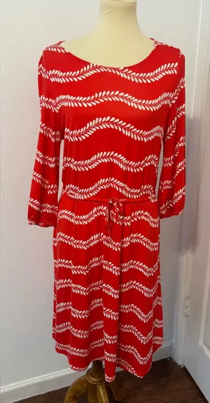 BODEN Talia Red Jersey Dress Leaf Striped Print 3/4 Sleeves Drawstring Waist 8 thumbnail 1