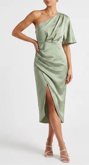 Cupshe Sage Green One Shoulder Satin Midi Dress Asymmetrical Cocktail Size L thumbnail 1
