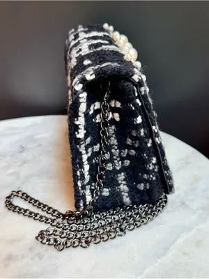 Chico's Pearl Embellished Tweed Crossbody Bag Black White Evening Clutch thumbnail 2