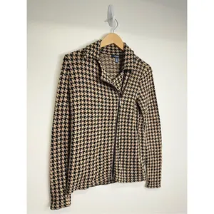 Chaps Houndstooth Knit Moto Jacket Tan Black Asymmetrical Zip Sweater Size Small thumbnail 5