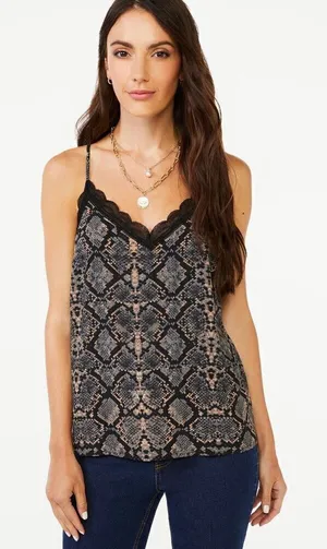 Womens Scoop Animal Print Lace Trim Cami Tank Top - Sz L thumbnail 1