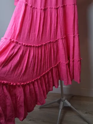&merci Hot Pink Tiered Midi Dress w/ Short Sleeves Pockets Lined Women's Size L thumbnail 11