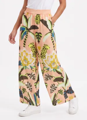 Nice To Meet You Wide Leg Pants Womens M Tropical Cheetah Peach Floral Excellent thumbnail 1