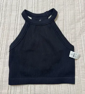 NWT Aerie Seamless Black Ribbed High Neck Cropped Bra Top thumbnail 1