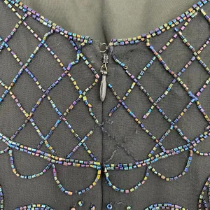 Vintage 90s Pure Silk Beaded Floral Mini Dress Flowy Cocktail Black Womens XS thumbnail 6