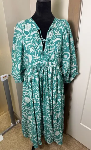 Molly Bracken Puffer Sleeve‎ Loose Fit Printed Blue White Floral Cotton Dress M thumbnail 1
