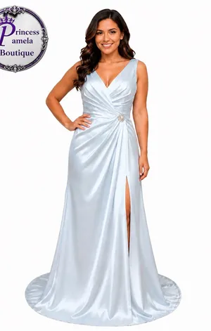 #225 Pale blue satin gown V-Neck Pleated Side Slit A-line Dress-XL/Size 14/16 thumbnail 1