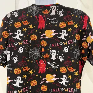 Scrub Top Womens Medium Black Halloween Ghost Pumpkin Print V Neck Tunic thumbnail 6