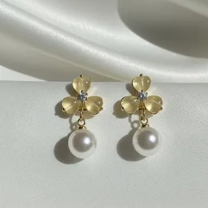 Gold Floral Pearl Drop Earrings thumbnail 3