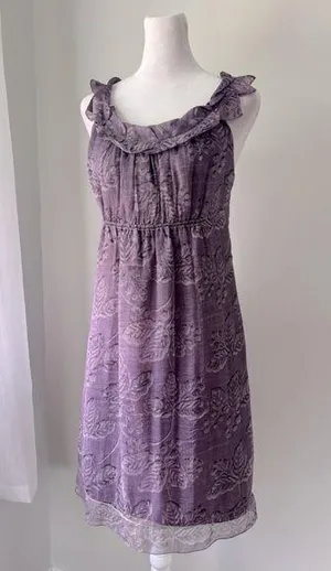 Vintage ‘90s Max Studio 100% Silk Purple Leaf Print Ruffled Sleeveless Dress thumbnail 1