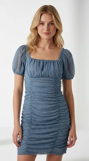 Blāshe Mini Dress blue Puffy Sleeve Ruched Polka Dots XS thumbnail 1