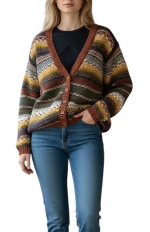 Vintage Womens Fair Isle Striped Knit Cardigan Sweater Buttons V Neck Wool Sz M thumbnail 1