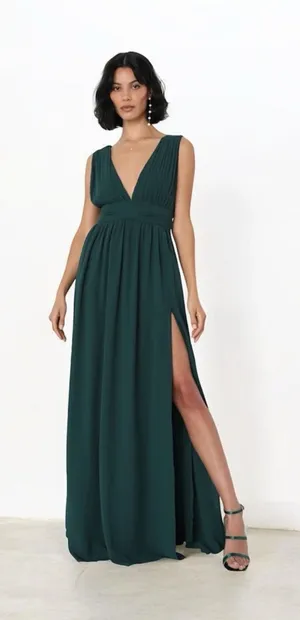 Lulu's Forest Green V-Neck Maxi Dress with High Slit thumbnail 1