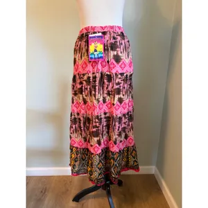 she's cool Whimsigoth retro pink Brown boho Tiered Crinkle Midimaxi Skirt y2k colorful nwt thumbnail 4
