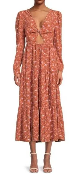 WAYF Burnt‎ Orange Floral Keyhole Tiered Midi Dress Size Small NWOT thumbnail 1