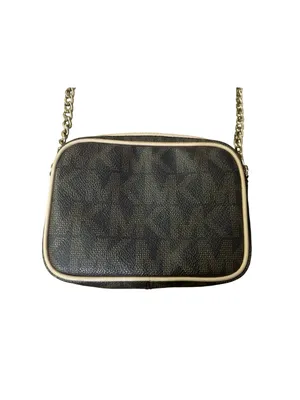 Michael Kors Jet Set Travel Crossbody Bag Brown MK Monogram Small Gold Chain Use thumbnail 3