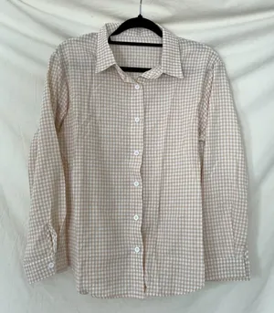 100% Linen Lightweight Button Up Blouse Shirt Tan White Gingham Plaid S thumbnail 1