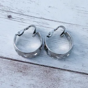 Vintage Clip On Earrings Silver Tone Cut Out Design Hoops with Pattern thumbnail 4