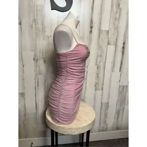 Pink Glitter Ruched Bodycon Mini Dress Spaghetti Strap Party Club Size S thumbnail 8