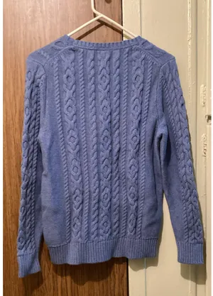 LL Bean Large Cable Knit Fisherman Sweater 100% Cotton Sky Blue Pullover thumbnail 2