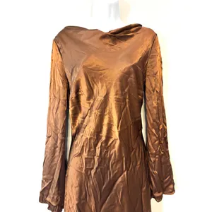 Anthropologie Long Sleeve Silky Satin Cowl Neck Bell Sleeve Mini Dress Brown M thumbnail 8