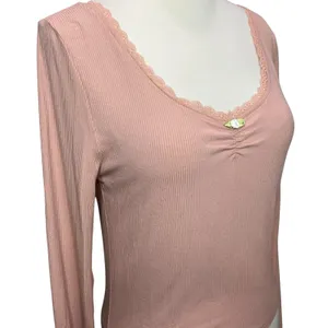 Pretty Garbage Long Sleeve Baby Tee Size L Pink Rib Knit Scoop Dainty Lace‎ Top thumbnail 5