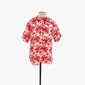 Nimo With Love Linen Bird Print Ruffle Neck Blouse‎ Red Cream Size XS thumbnail 2