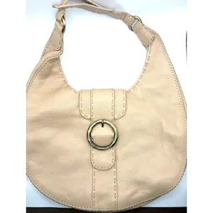 Donald J Pliner Beige Pebbled Leather Whipstitch Hobo Shoulder Bag Brass Ring thumbnail 2
