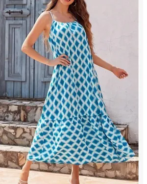 NEW Spaghetti Strap Scoop Neck Smocked Ruffle Flowy Maxi Dress S thumbnail 6