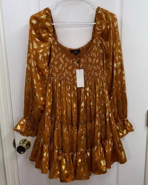 NEW Aeom copper gold leaf smocked tiered puff sleeve‎ babydoll mini dress small thumbnail 1