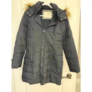 Abercrombie & Fitch Black Long Puffer Coat Faux Fur Hood M thumbnail 3