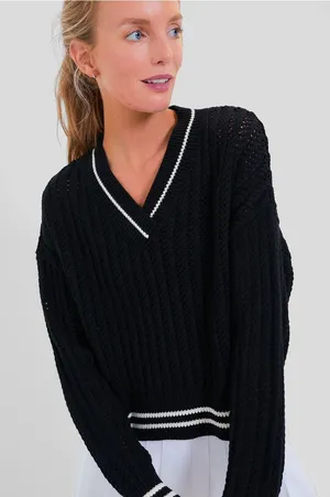 Tuckernuck Sport Cropped Irene Black Sweater White Stripe Trim Small thumbnail 1