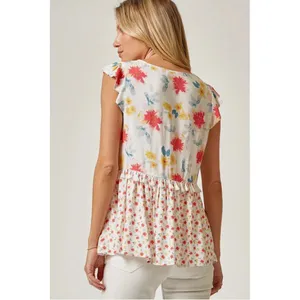 Emily Wonder Floral Babydoll Blouse Beachy Cap Sleeves Tassel Trim Women's sz. M thumbnail 3