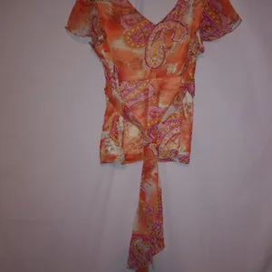 DAISY FUENTES M/L Bright Paisley Floral Lined Tie Back Top in Orange Pink thumbnail 6