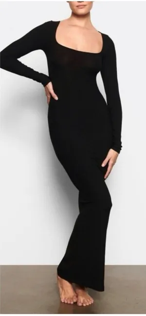 Skims Soft Lounge Maxi Dress Size Small Black Ribbed Long Sleeve Bodycon thumbnail 1