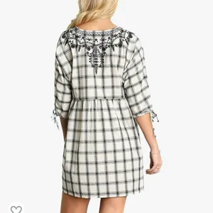 Umgee blue plaid floral embroidered dress size small thumbnail 3