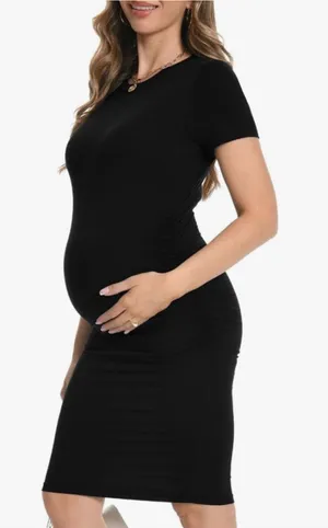 NEW Black Short Sleeve Maternity Dress Ruched Pregnancy S thumbnail 1