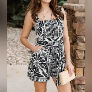 Farm Rio Off-White Monochrome Elegance Scarf Romper M thumbnail 3