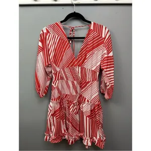 NWT Neiman Marcus Red White Abstract Stripe V-Neck Mini Dress | Size L thumbnail 3