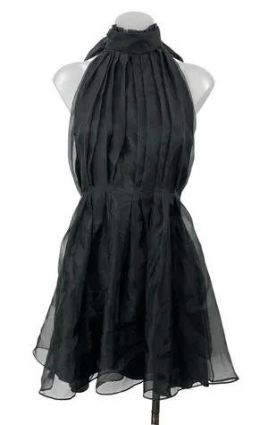 Zara Black Organza Halter Tie Sleeveless Pleated Fit & Flare Mini Dress Size M thumbnail 1