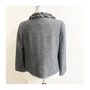 J Crew SZ 4 Women’s Cheshire Ruffle Tie Neck Jacket in Black/White Herringbone thumbnail 4