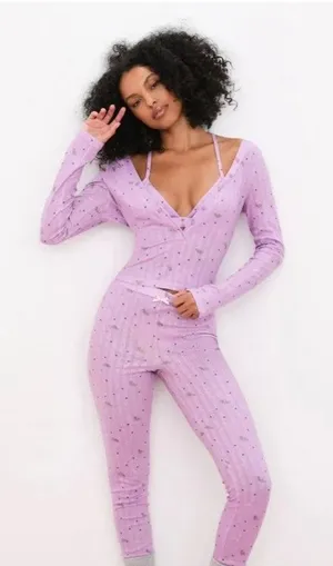 For Love & Lemons Pointelle Pajama Set Womens L Pink Floral Long Sleeve Lounge thumbnail 1