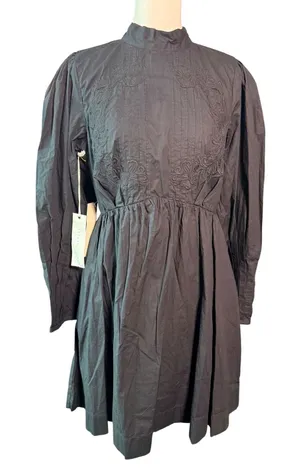 Happy x Nature NWT M Black Embroidered Cotton Open Back Tie Mini Dress Pockets thumbnail 1